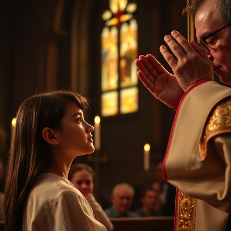 Firmung mit Bischof in einem dunklen Kircheninneren